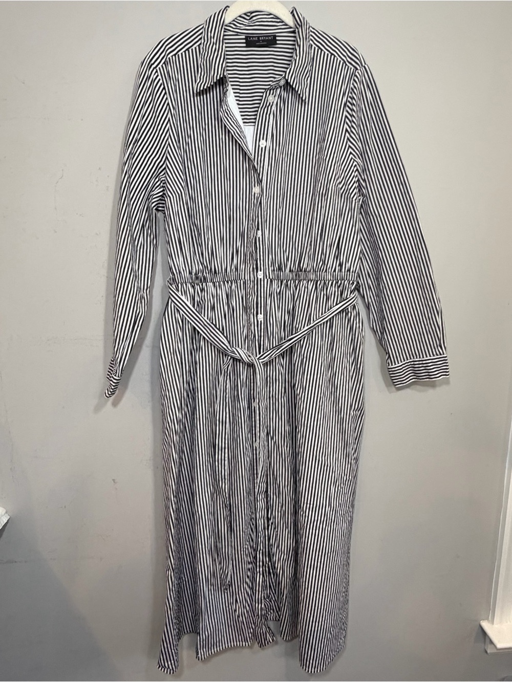 Lane Bryant black white striped midi button front collared shirt dress size 16